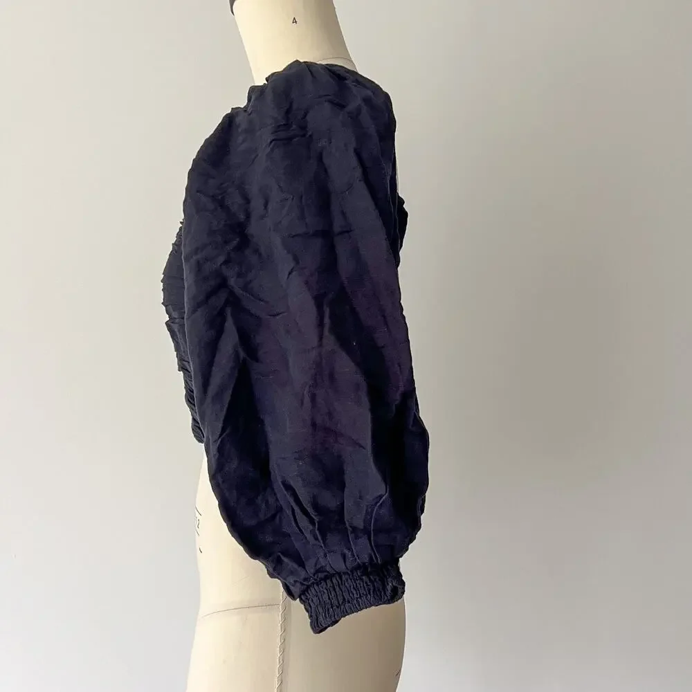 Posse Womens SMALL Black Linen Ivy Blouse Smocked Ruched Cropped Puff Sleeve - Picture 3 of 10